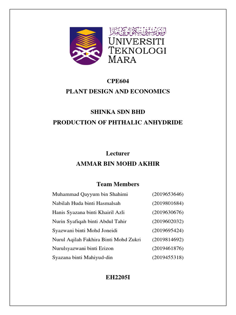 2019 Plant Design and Economics-Phthalic Anhydride Design Report (Very ...