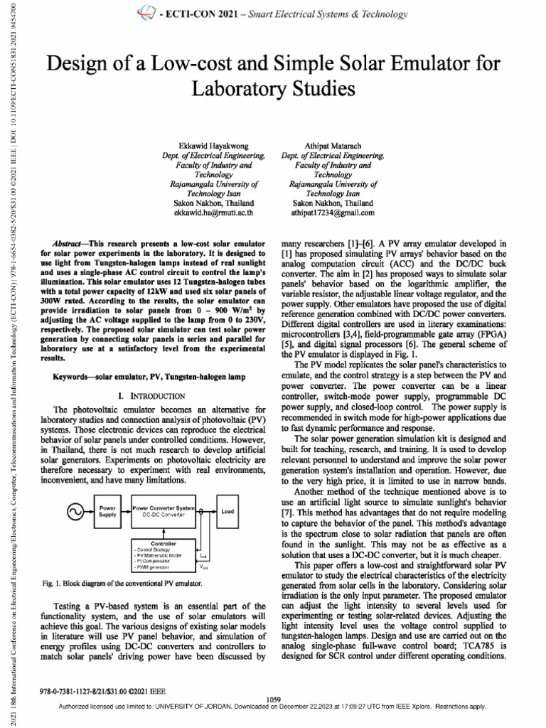 Design of a low cost and simple solar emulator for laboratory studies