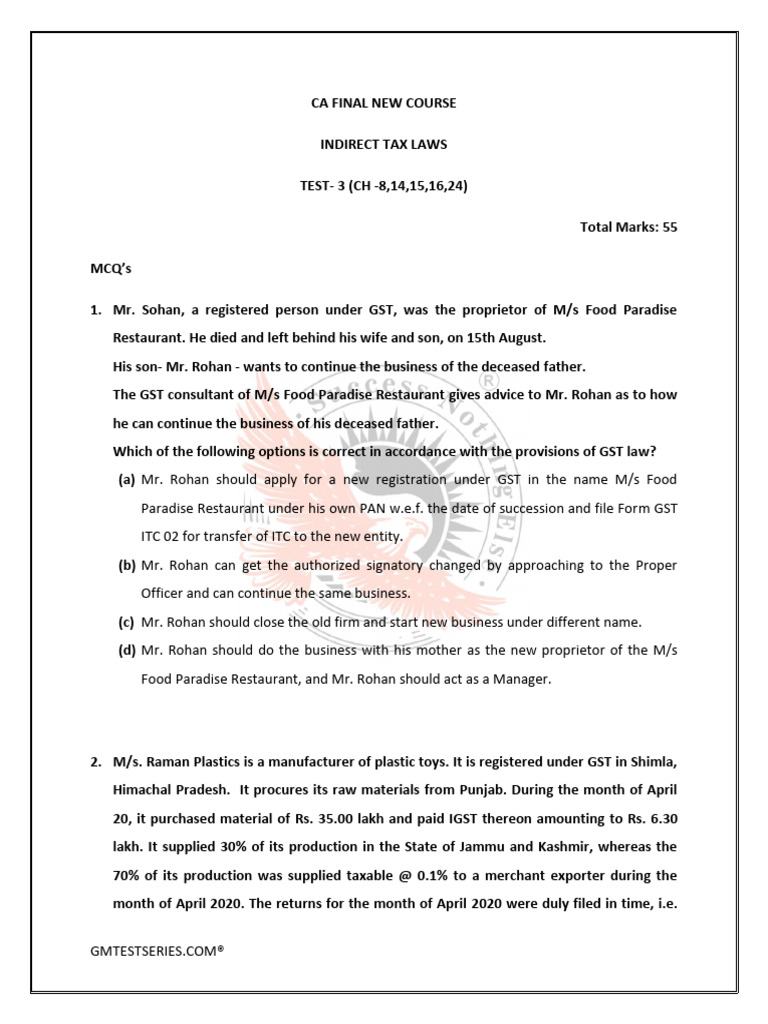 CA Final Indirect Tax Laws Test 3 | PDF | Value Added Tax | Invoice