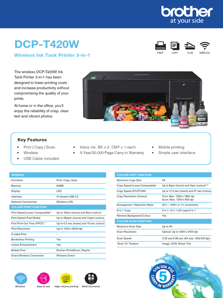 DCP T420W Data Sheet | PDF | Printer (Computing) | Wireless Lan