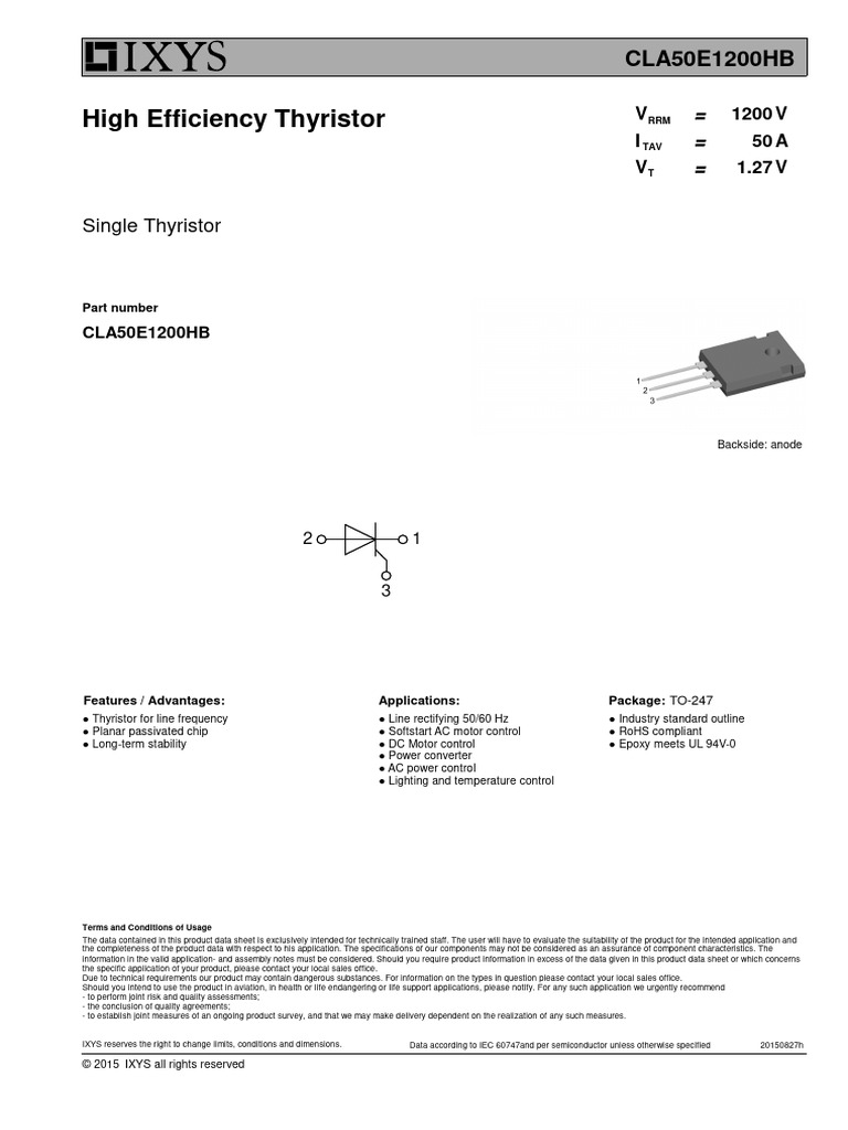 CLA50E1200HB Thyristor Datasheet | PDF | Rectifier | Electrical Engineering