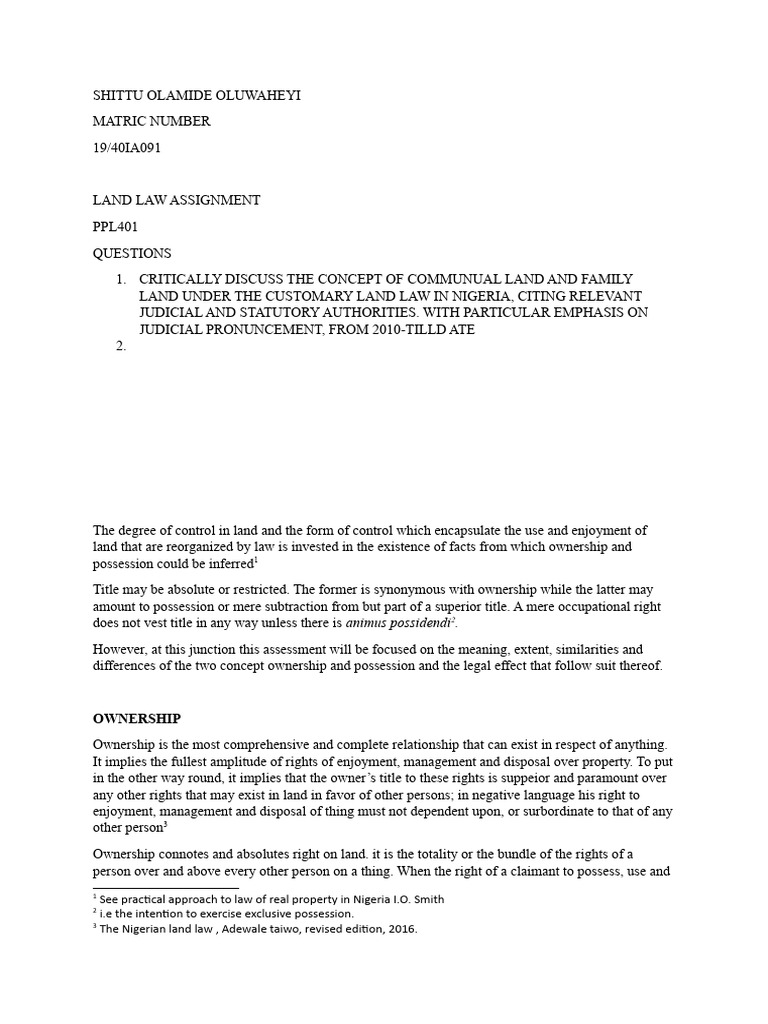 Ownership and Possession in Nigerian Land Law | PDF | Possession (Law ...