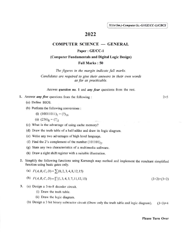 CU-2022 B.Sc. (General) Computer Science Semester-1 Paper-CC1-GE1 QP ...