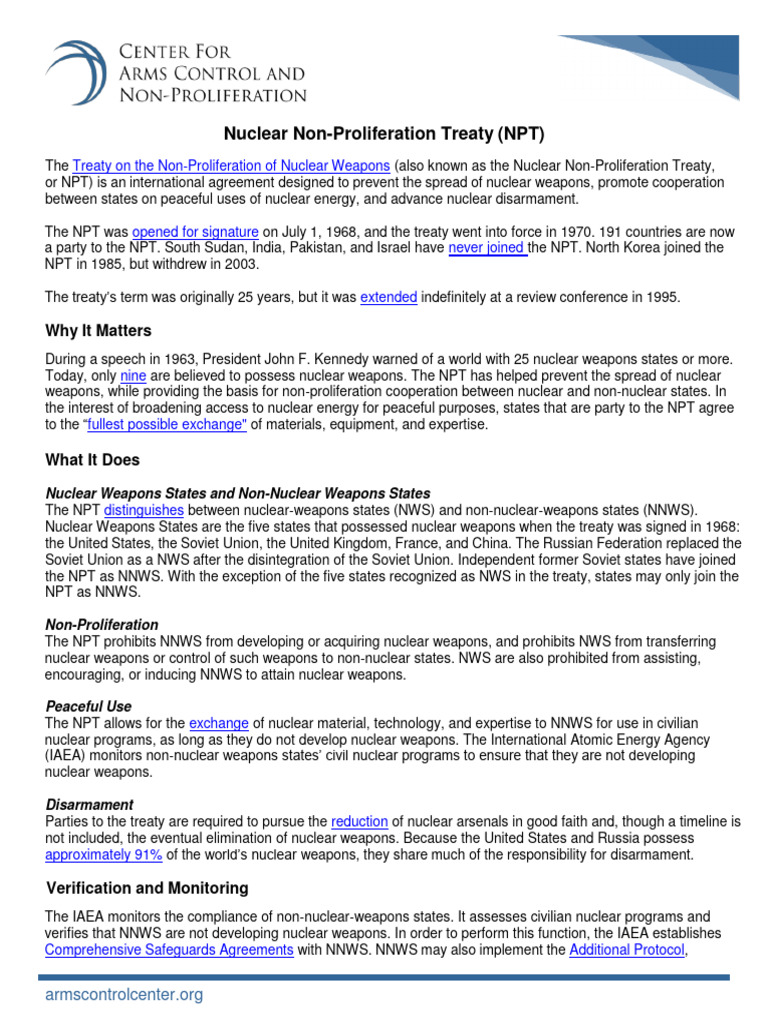 Nuclear Non Proliferation Treaty Npt Why It Matters Pdf Treaty