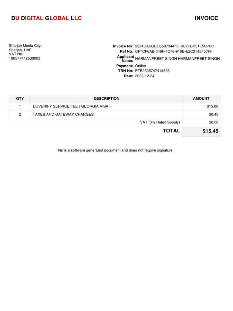 DU Verify Service Fee Invoice | PDF