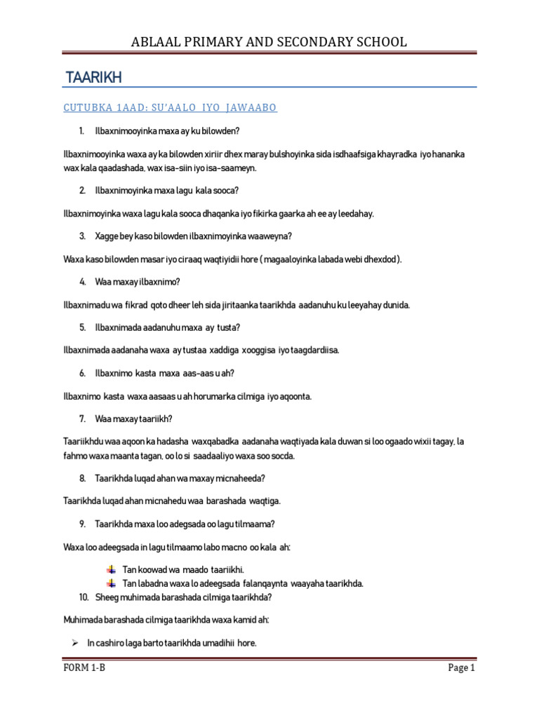 Taariikh Form 1 | PDF