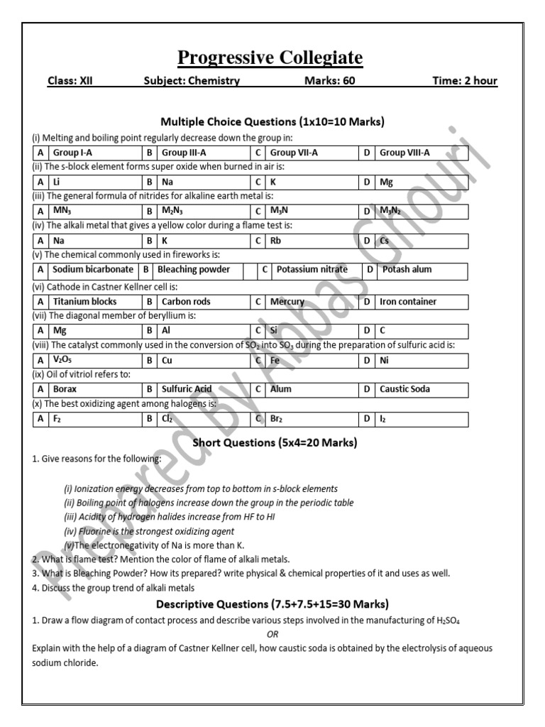 Chemistry Class XII MCQs and Questions | PDF | Chlorine | Sodium Hydroxide