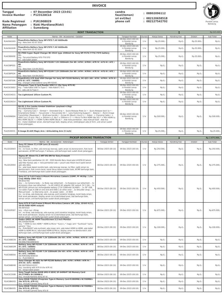 Invoice for Camera Equipment Rental | PDF | Display Technology ...