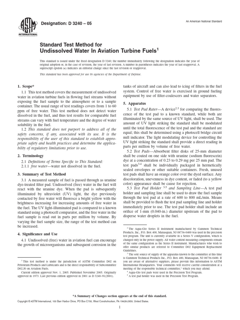 Undissolved Water in Aviation Turbine Fuels: Standard Test Method For ...
