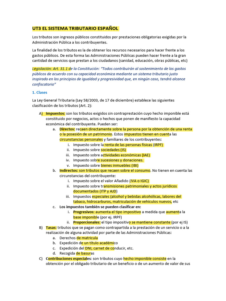 Clases y Elementos del Sistema Tributario Español | PDF | Impuestos ...