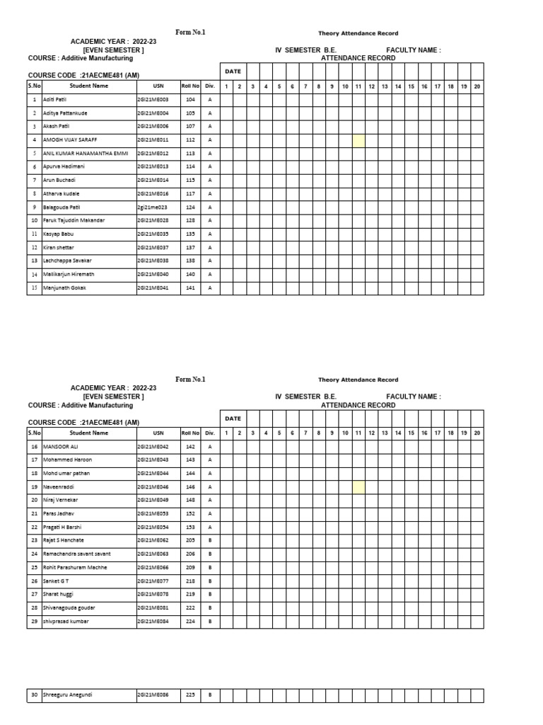4th Sem Attendance Sheet For AEC Course | PDF