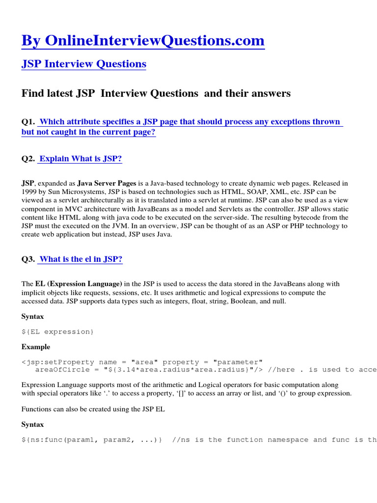 JSP Interview Questions | PDF | Java (Programming Language) | Software ...