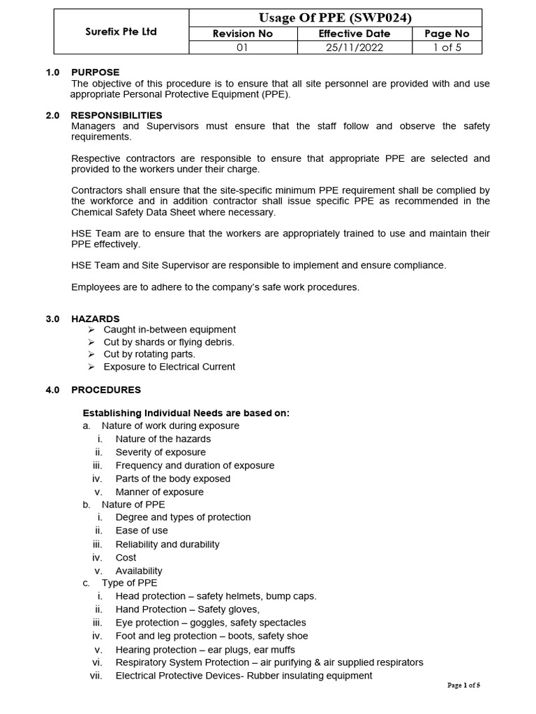 SWP-024 Usage of PPE | PDF | Personal Protective Equipment | Working ...