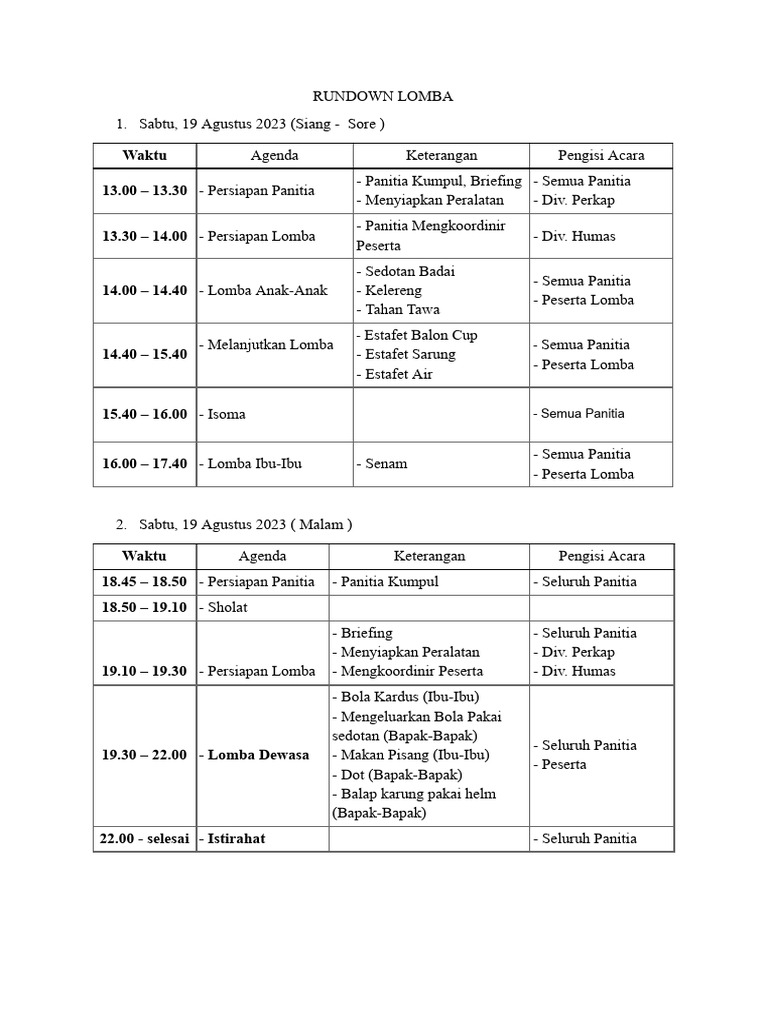 Rundown Acara Lomba 2023 | PDF