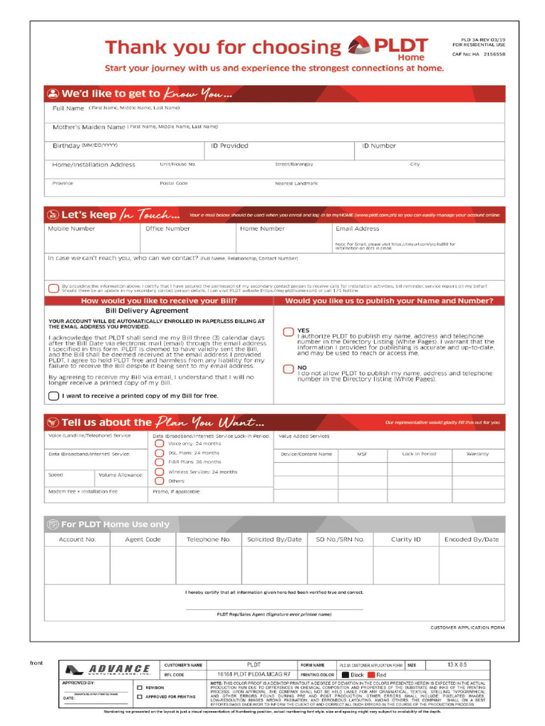 PLDT Customer Application Form Front Back Pdf1 For New Application Only ...