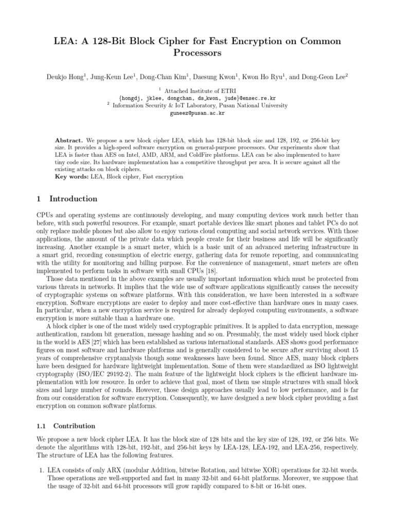 LEA A 128-Bit Block Cipher For Fast Encryption On Common Processors ...