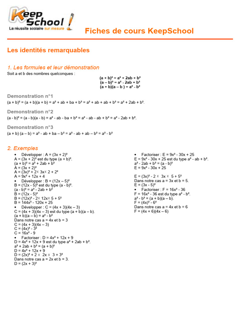Formules des identités remarquables | PDF | Mathématiques