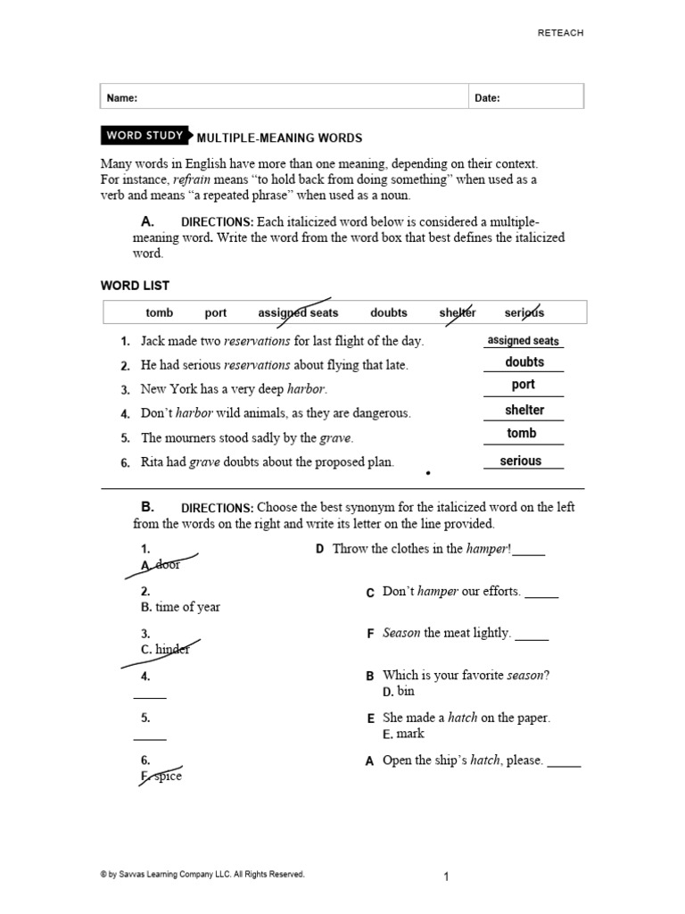 6 Multiple Meaning Words | PDF | Linguistics | Grammar for Free Printable Multiple Meaning Words Worksheets