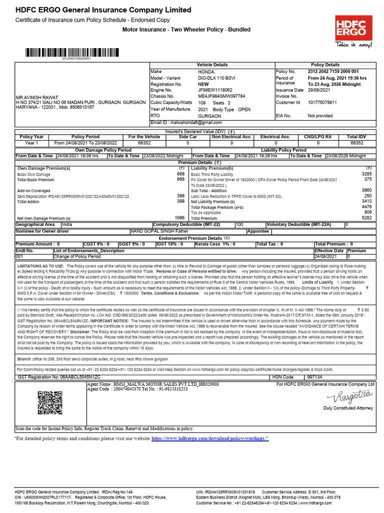 Motor Insurance - Two Wheeler Policy - Bundled: Certificate of ...