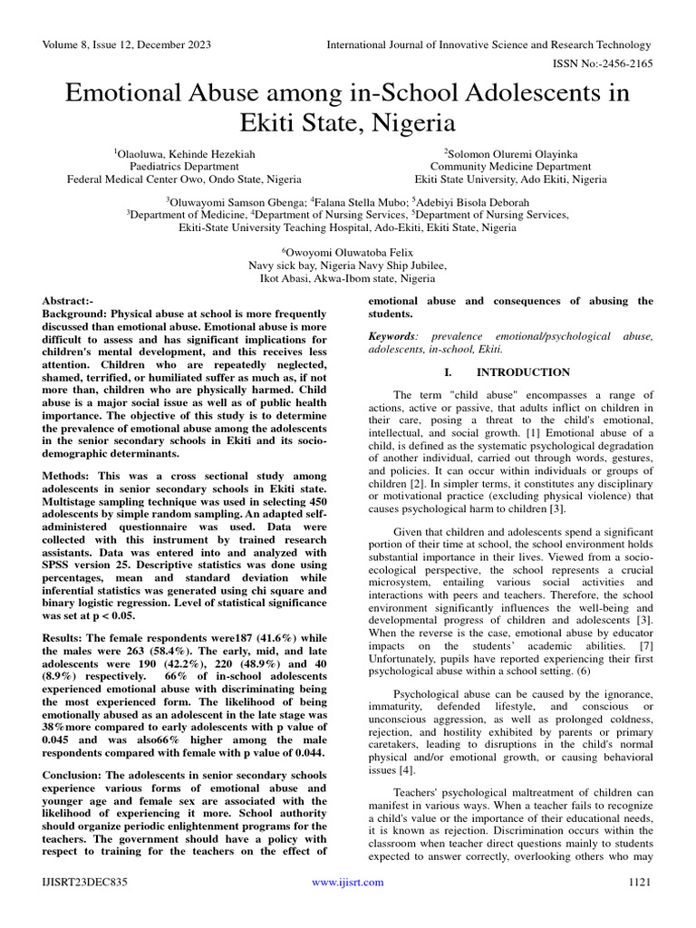 Emotional Abuse in Ekiti Schools | PDF | Psychological Abuse | Statistics