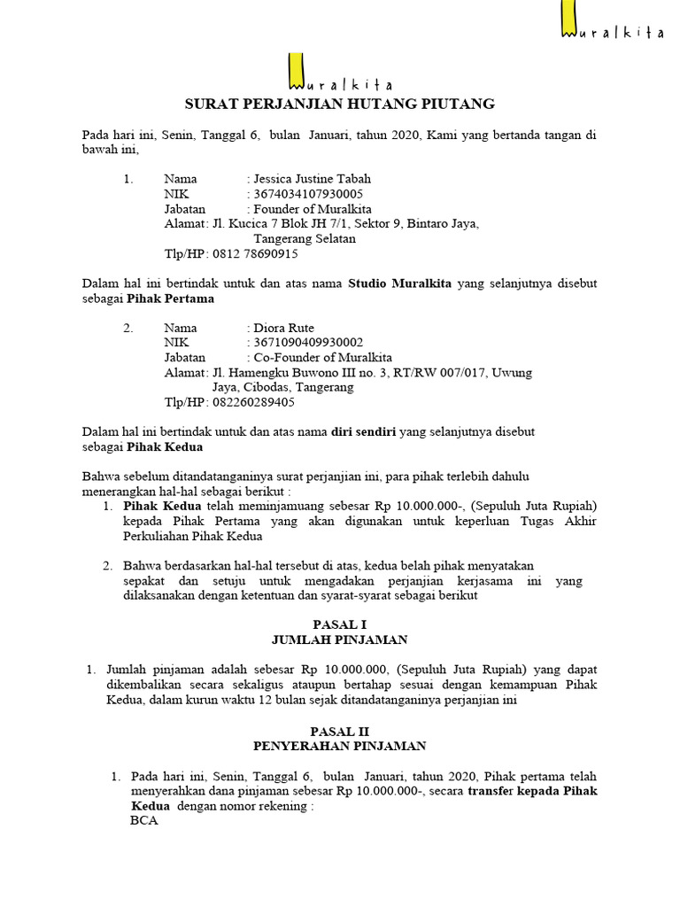 Contoh Surat Perjanjian Hutang Piutang Pdf