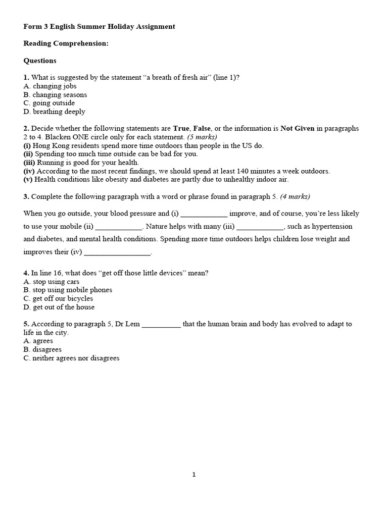 Summer Holiday Comprehension Assignment | PDF | Clinical Medicine ...
