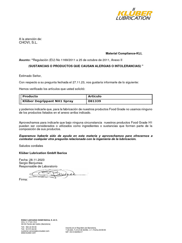 66Certificado Alergenos Klueber Degrippant 27112023 PDF