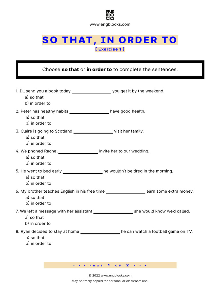 So That / In Order To Exercises | PDF