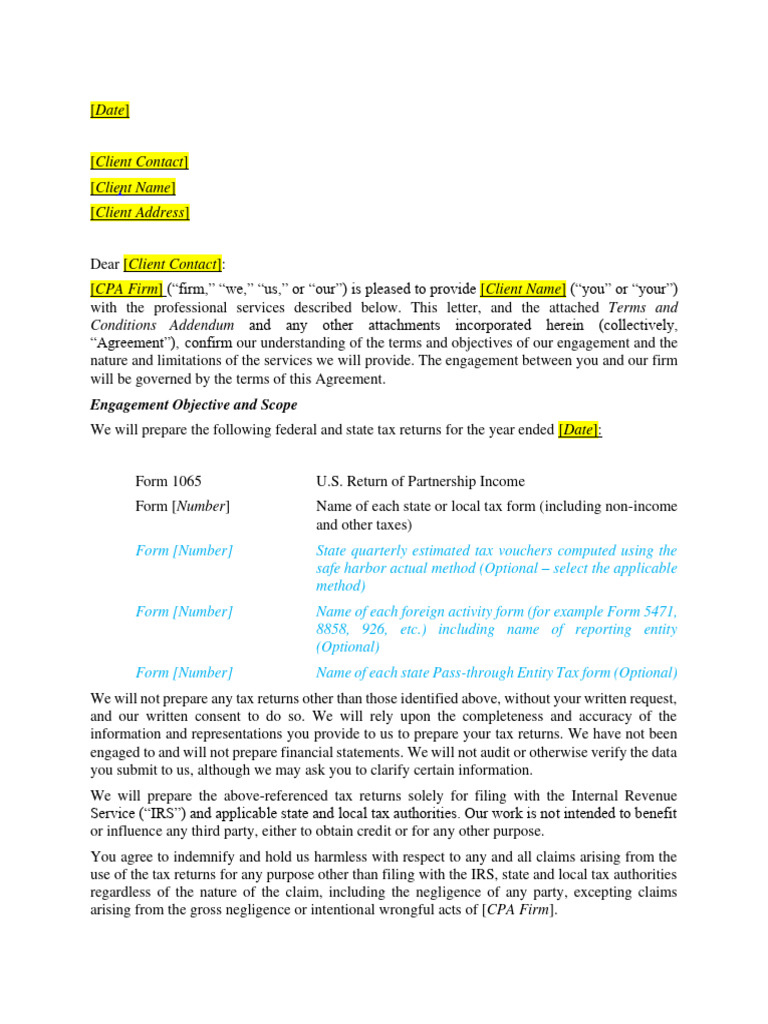 CPA Engagement Letter for Tax Services | PDF | Limited Liability ...