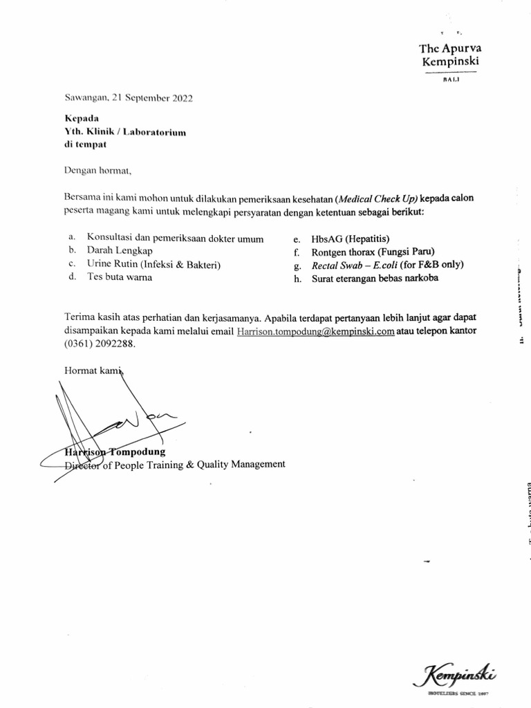 Medical Check Up Letter PDF