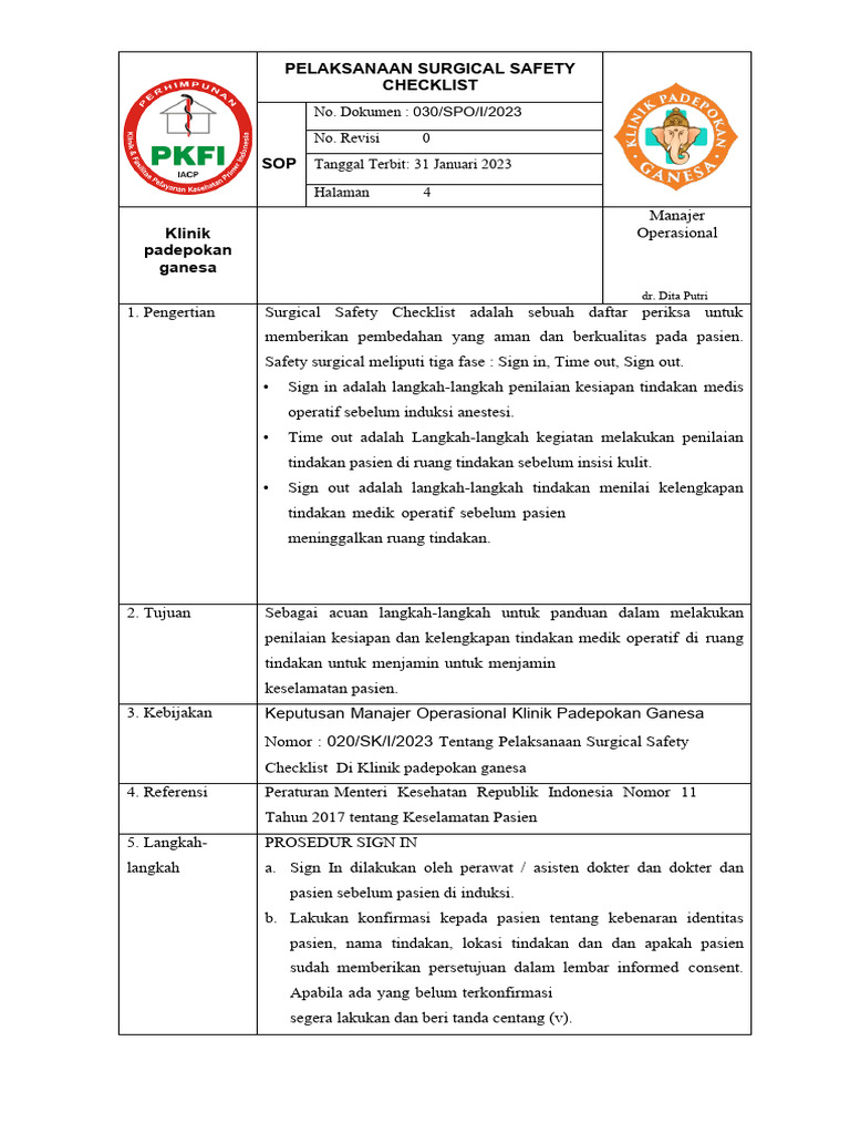Sop Pelaksanaan Surgical Safety Checklist | PDF