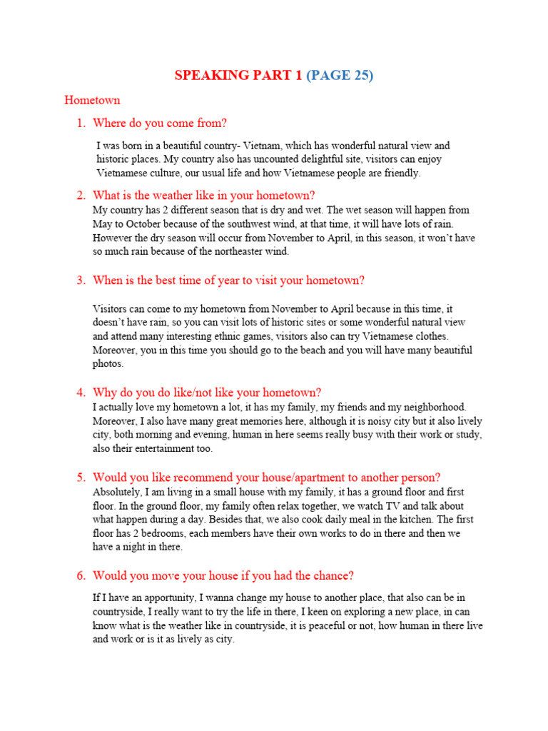 Hometown Insights for IELTS Speaking Part 1 | PDF