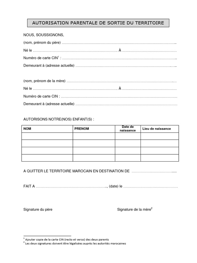 Autorisation parentale de sortie du territoire | PDF