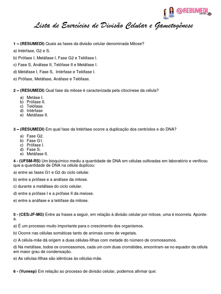 Exercícios sobre Divisão Celular e Meiose | PDF | Meiose | Mitose