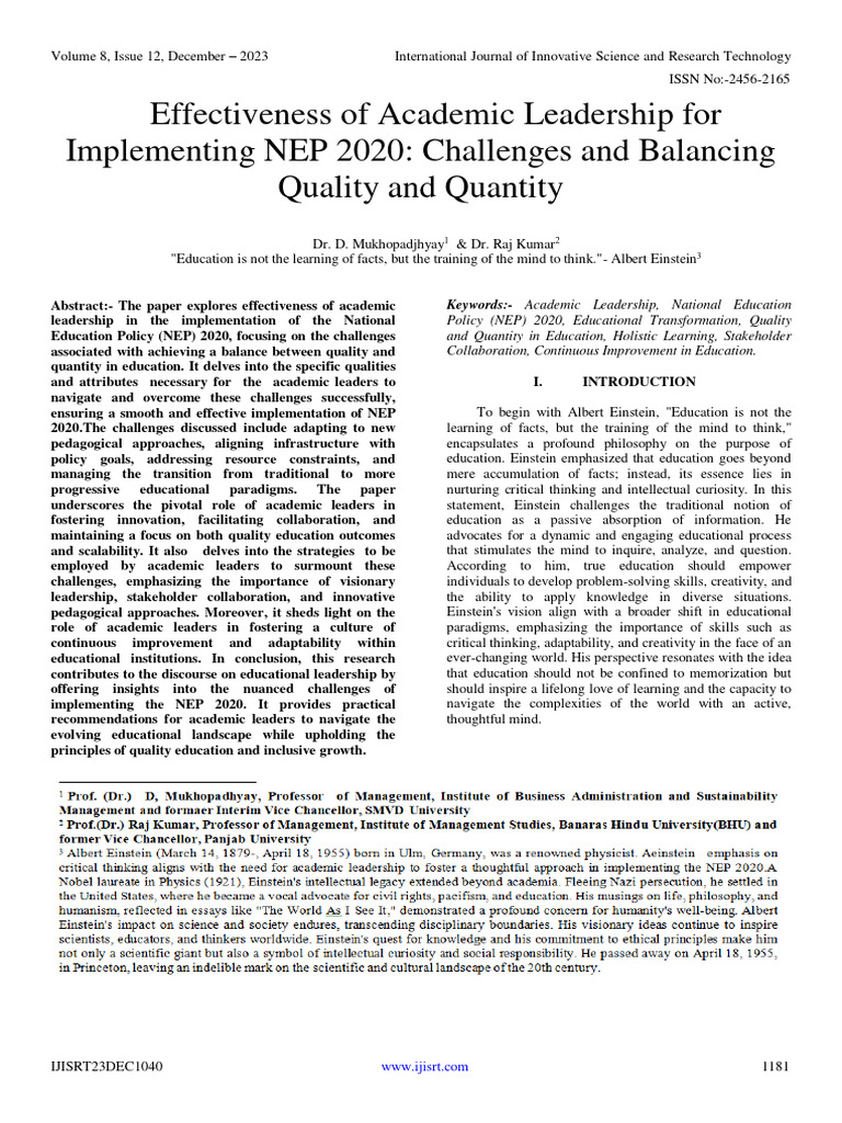 Academic Leadership in NEP 2020 Implementation | PDF | Leadership ...