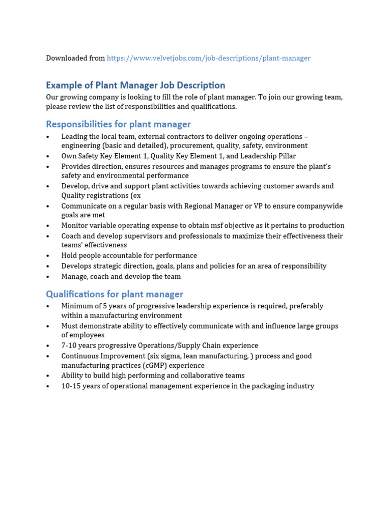 Plant Manager Job Description Overview | PDF | Business