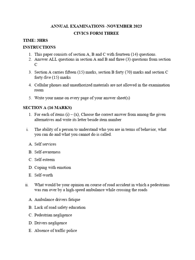 Civics form three annual examinations pdf