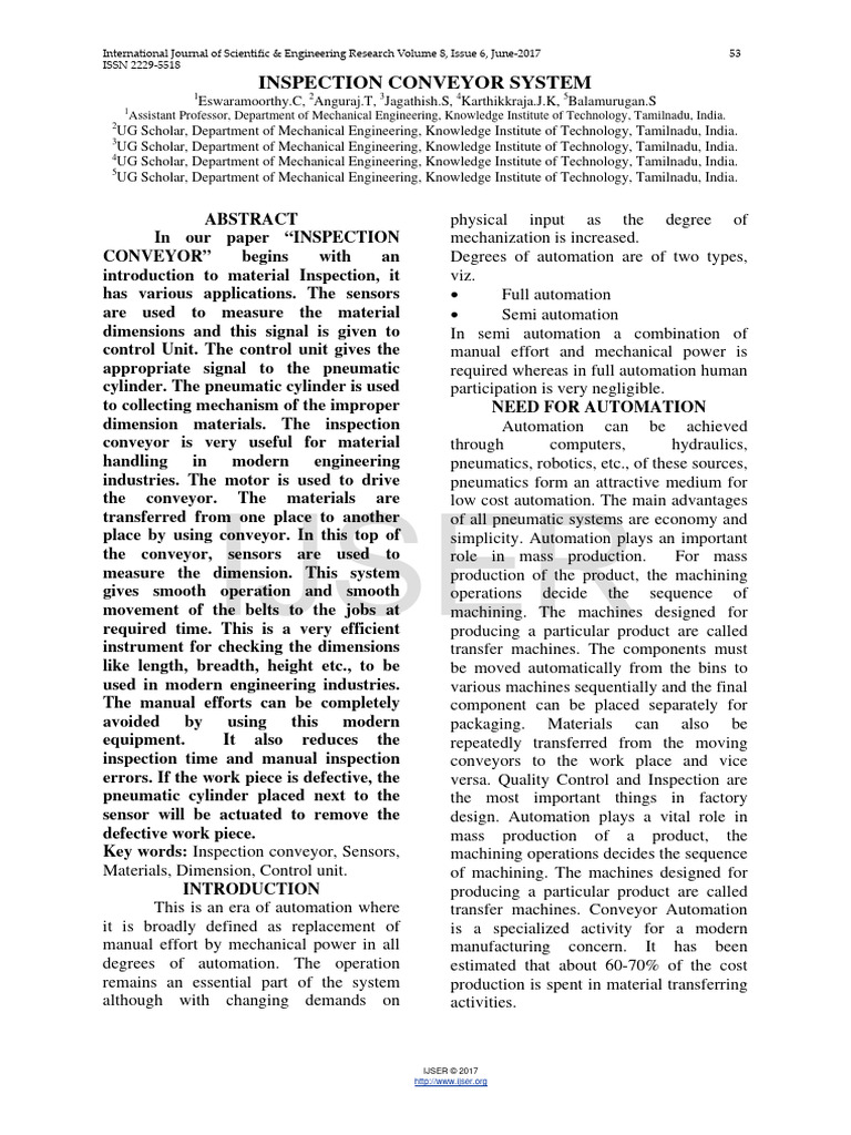 Inspection Conveyor System Pdf Pump Automation