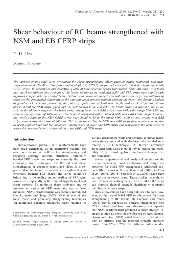 Shear Behaviour of RC Beams Strengthened With NSM and EB CFRP Strips | PDF
