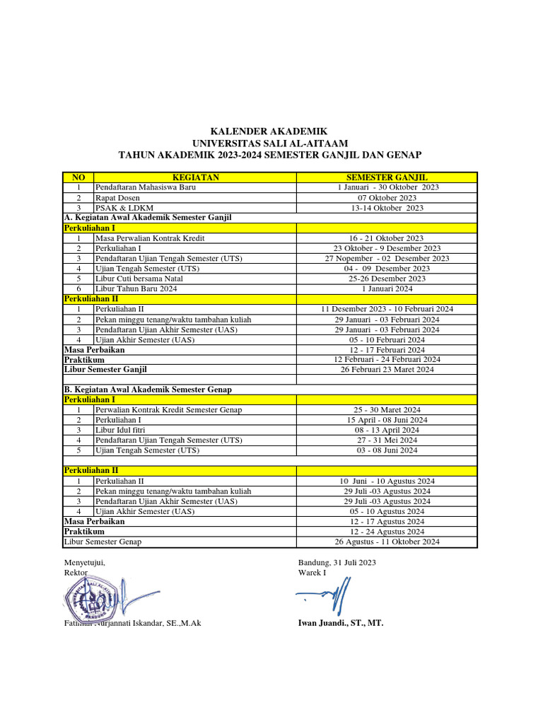 Kalender Akademik 2023-2024 UNISALlllllllllll | PDF