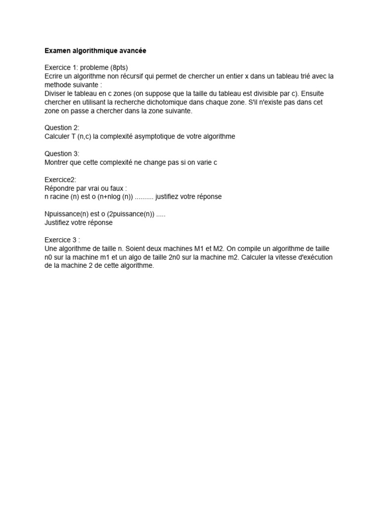 Algorithmes avancés : recherche et complexité | PDF