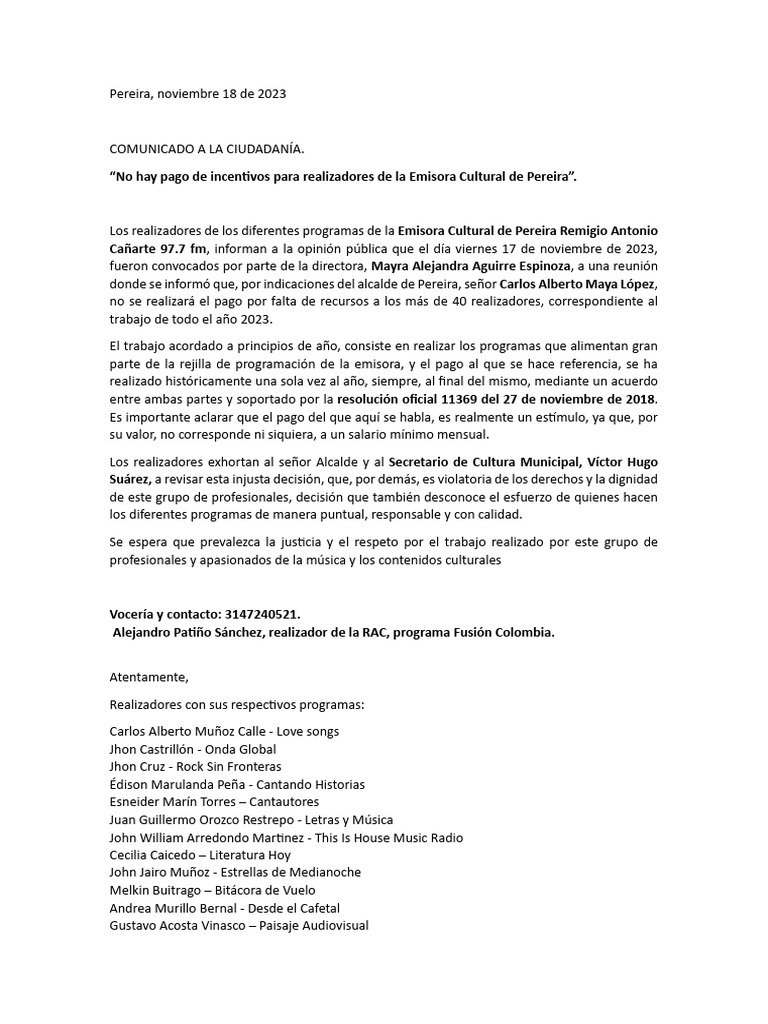Comunicado emisora cultural de pereira rac 97 7 fm pdf