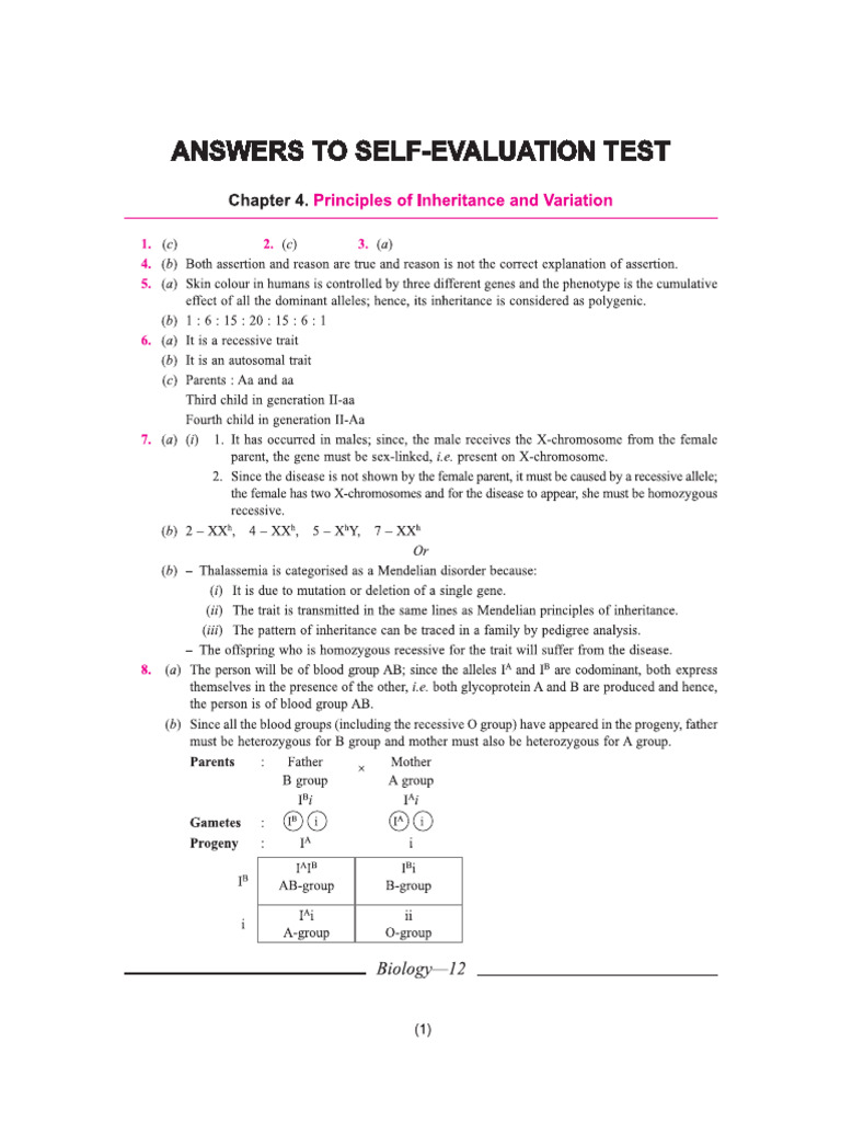 Cbse Cl12 Together With Biology Ans To Self-Evaluation Test CH 4 | PDF