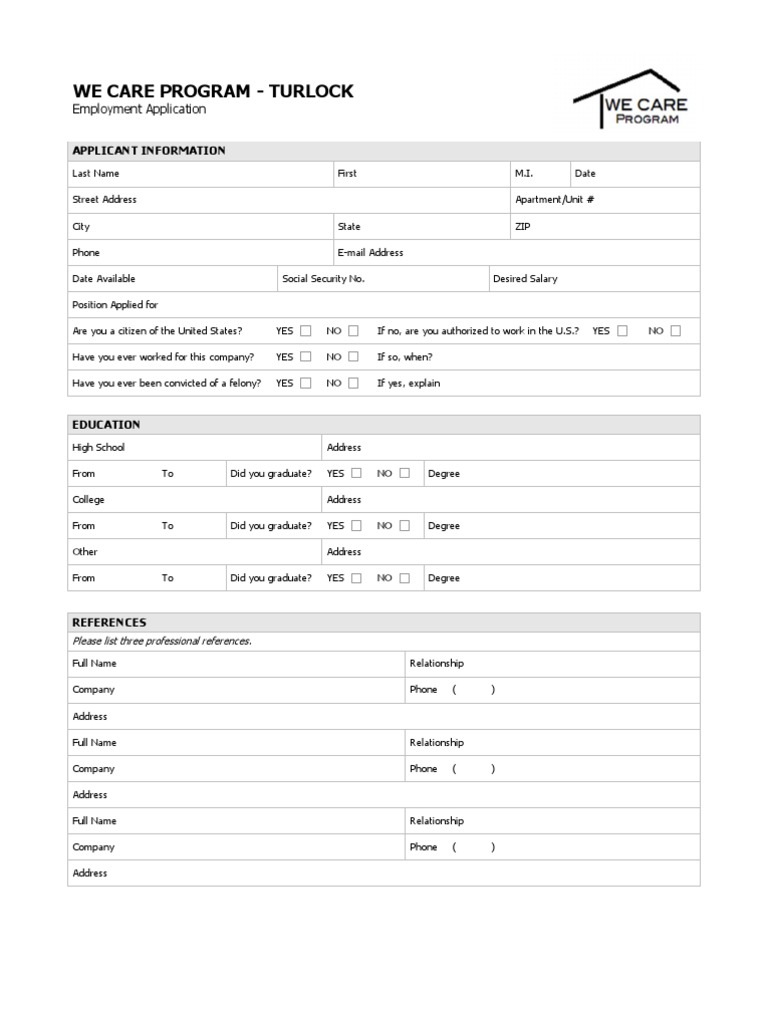 We Care Program Employment Application | PDF