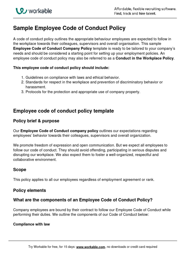 Employee Code of Conduct Company Policy PDF Employment Harassment