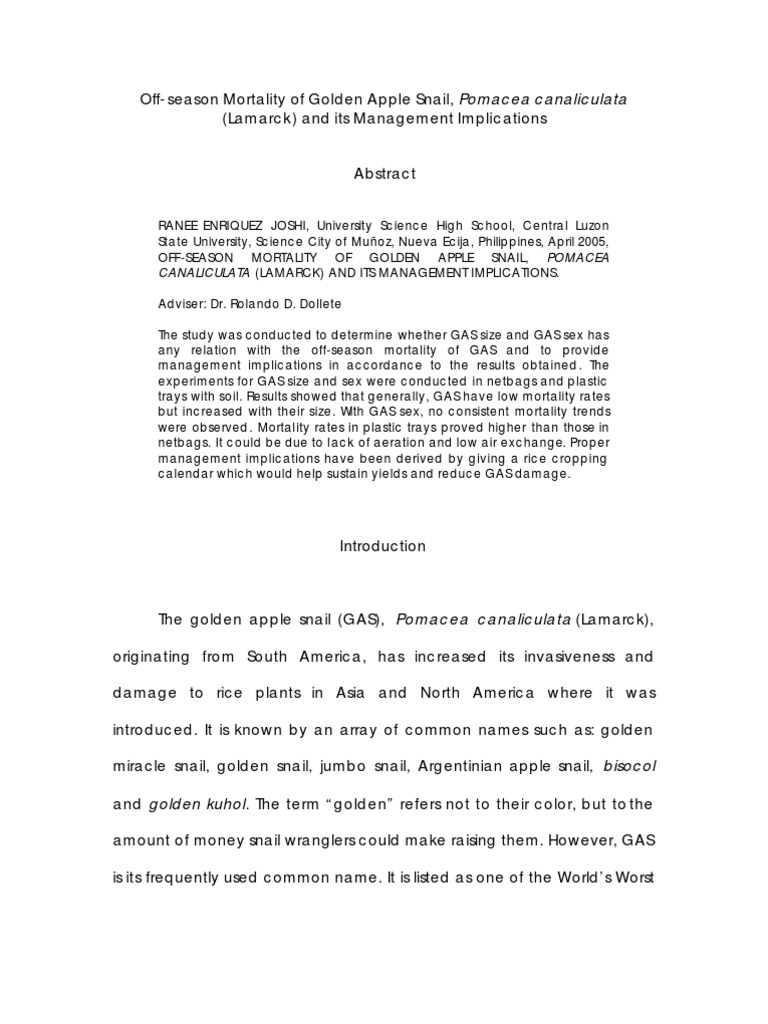 Mortality Of Golden Apple Snail Rice Standard Deviation