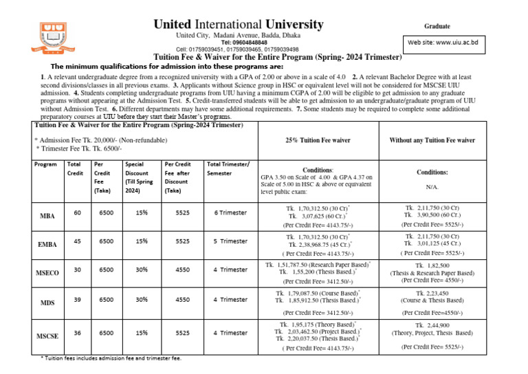 UIU Tuition Fees for Spring 2024 | PDF | University And College ...