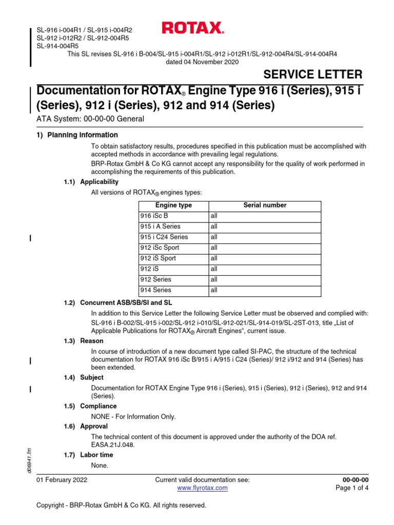 Service Letter Documentation For ROTAX Engine Type 916 I (Series), 915 ...