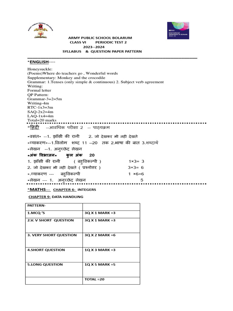 Class VI Periodic Test 2 Syllabus 2023-24 | PDF | Linguistics | Science