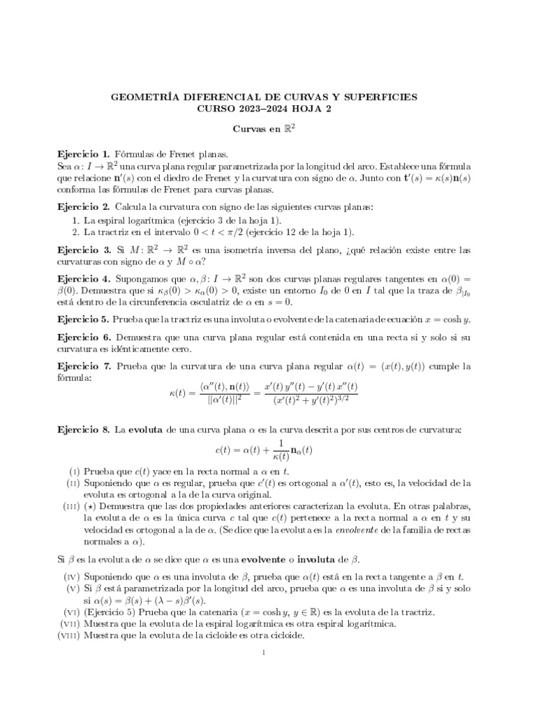 Curvas Planas y Espaciales: Ejercicios de Geometría | PDF | Curva ...